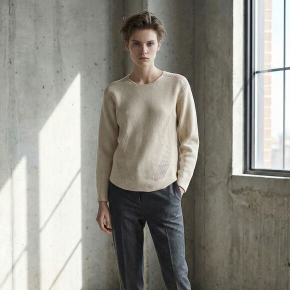 HELMUT LANG Wool Modern Borders Pullover Sweater Beige knit sz P S - Picture 1 of 11